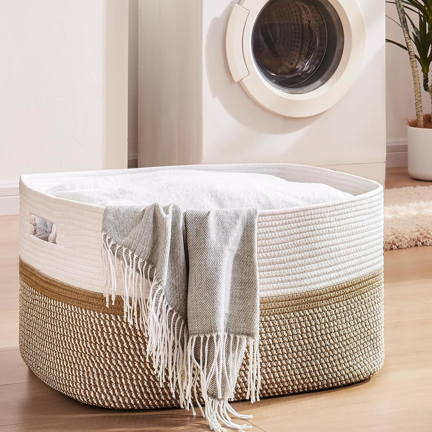 OIAHOMY Large Blanket Basket, 22”x17”x12” Rectangle Woven Baskets, Nursery Blanket Storage Living Room, Toy Storage With Handle, Large Baskets for Organizing-Gradient Yellow