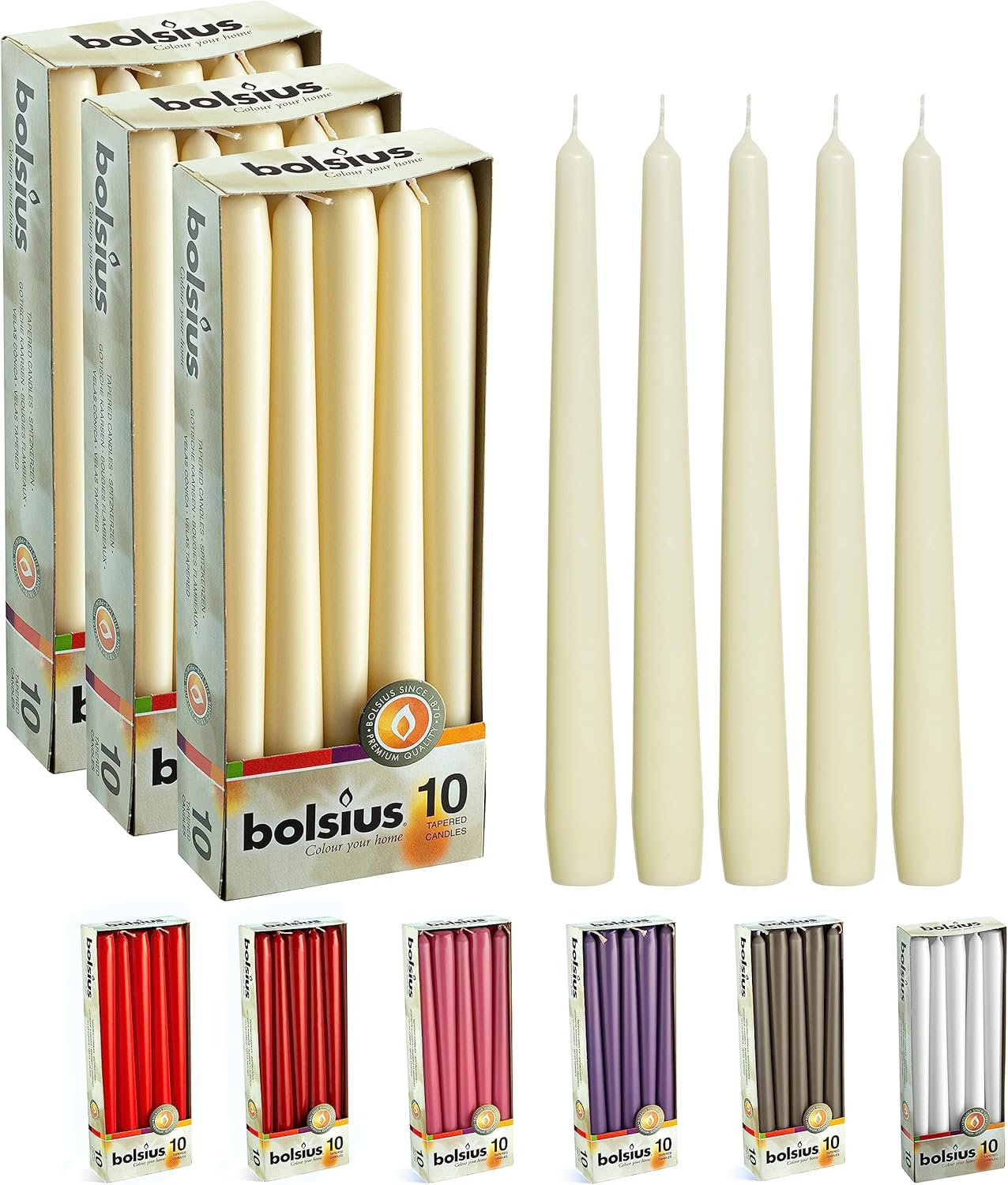 BOLSIUS Ivory Taper Candles - 10 Pack Unscented 10 Inch Dinner Candle Set - 8 Hours Burn Time - Premium European Quality - Smokeless and Dripless Household, Wedding, Party, and Home Décor Candlesticks