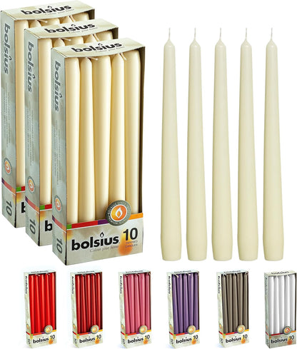 BOLSIUS Ivory Taper Candles - 10 Pack Unscented 10 Inch Dinner Candle Set - 8 Hours Burn Time - Premium European Quality - Smokeless and Dripless Household, Wedding, Party, and Home Décor Candlesticks