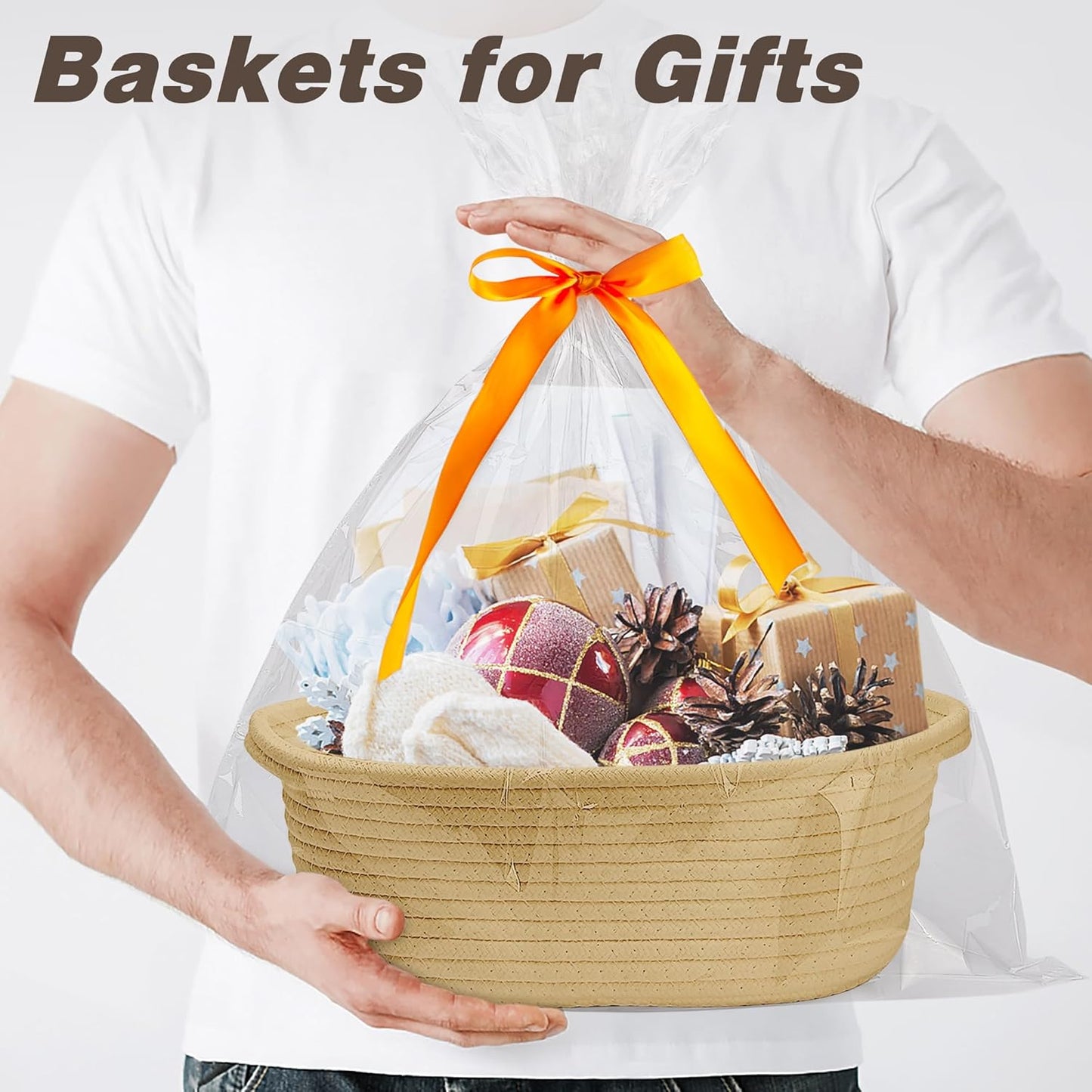 Pro Goleem Small Woven Basket with Gift Bags and Ribbons Durable Baskets for Mothers Day Gifts Empty Small Rope Basket for Storage 12"X 8" X 5" Baby Toy Baskets with Handles, White