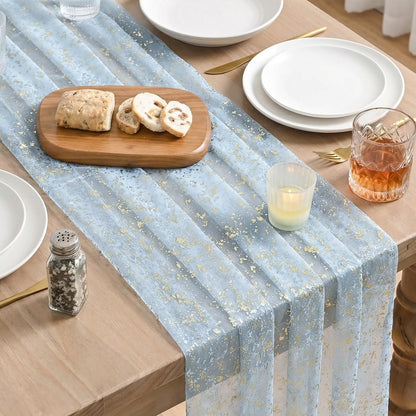 Artoid Mode Beige Gold Gauze Table Runner 120 Inch 10FT, Glitter Metallic Foil Sheer Dining Wedding Anniversary Holiday Birthday Table Decor for Home Party