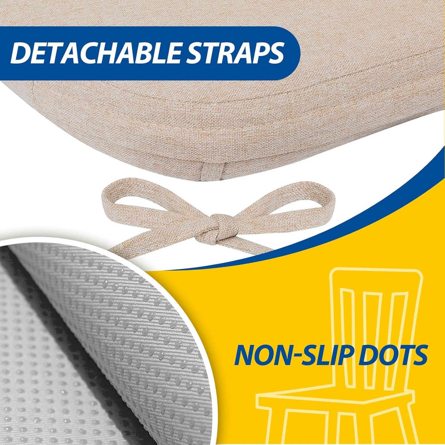 AAAAAcessories D-Shaped Chair Cushions, 2" Thick Dining Chair Pads with Ties and Removable, Machine-Washable Cover, 17" x 16", Set of 4, Oatmeal Beige - Colors B