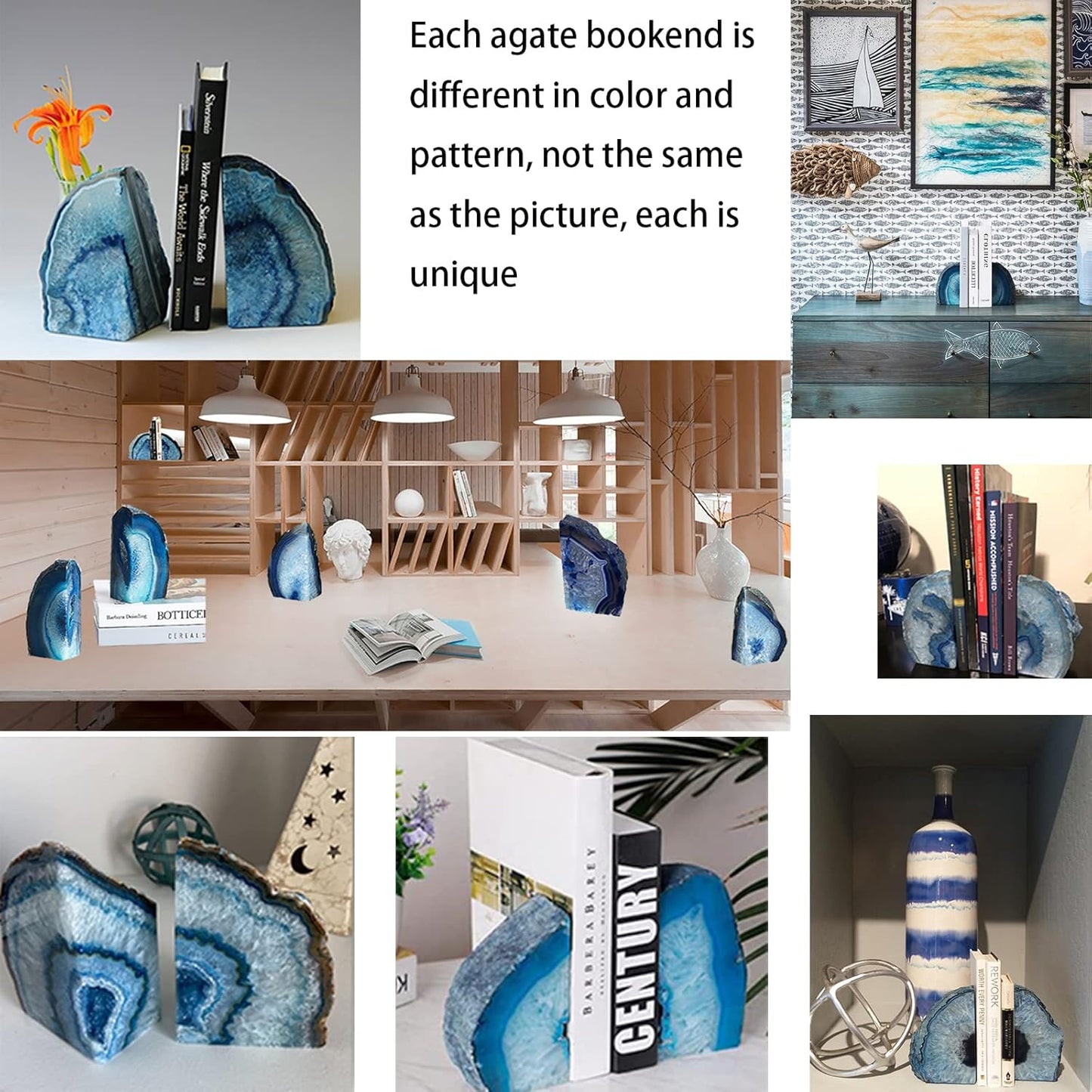 JIC Gem Dyed Blue Agate Bookends Geode Decorative Book Ends for Heavy Books with Rubber Bumpers for Office and Home Decoration Polished Small Size 2 to 3 Lbs