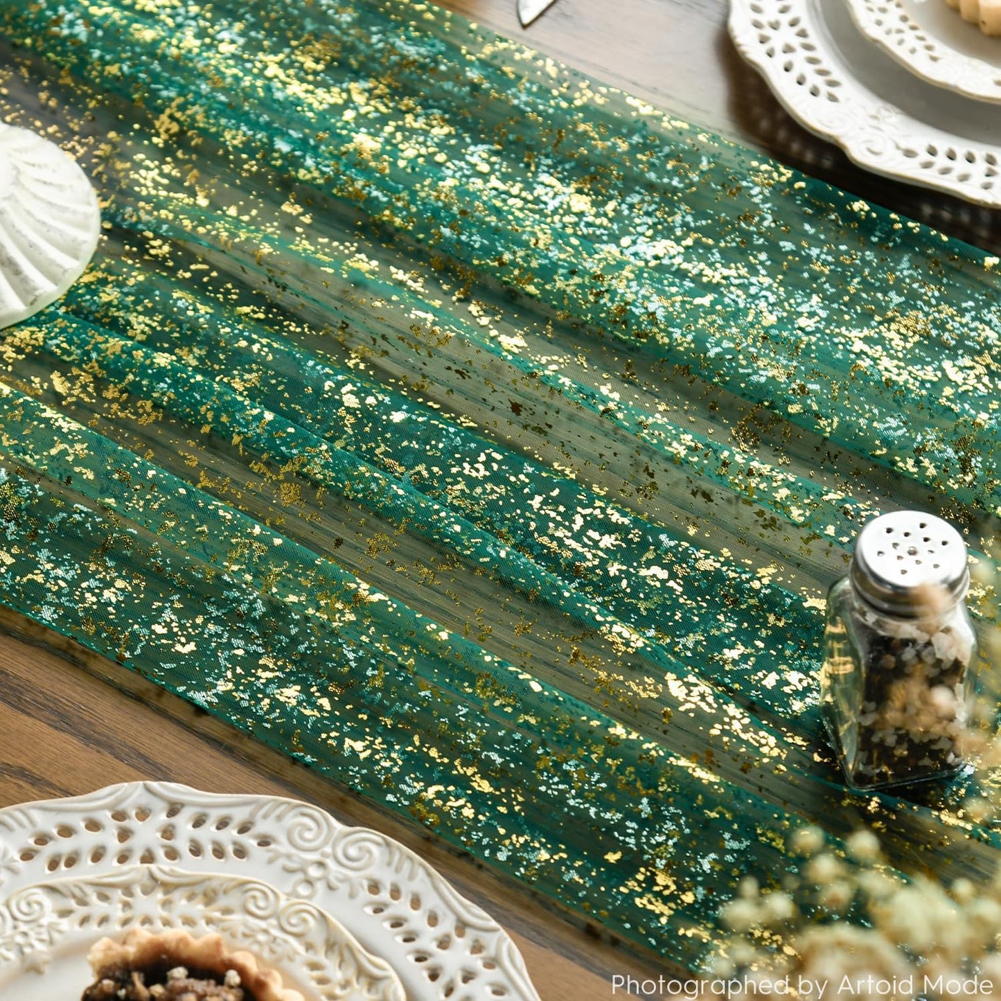Artoid Mode Beige Gold Gauze Table Runner 120 Inch 10FT, Glitter Metallic Foil Sheer Dining Wedding Anniversary Holiday Birthday Table Decor for Home Party