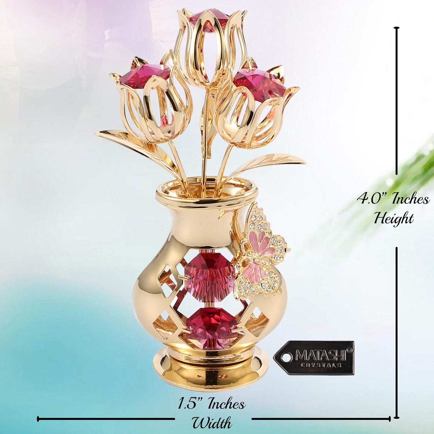 Matashi 24K Gold Plated Crystal Flower Figurine with Clear Crystals & Butterfly – Luxury Decorative Tulip Statue, Elegant Tabletop Home Décor, for Mother's Day, Valentine's Day, Christmas