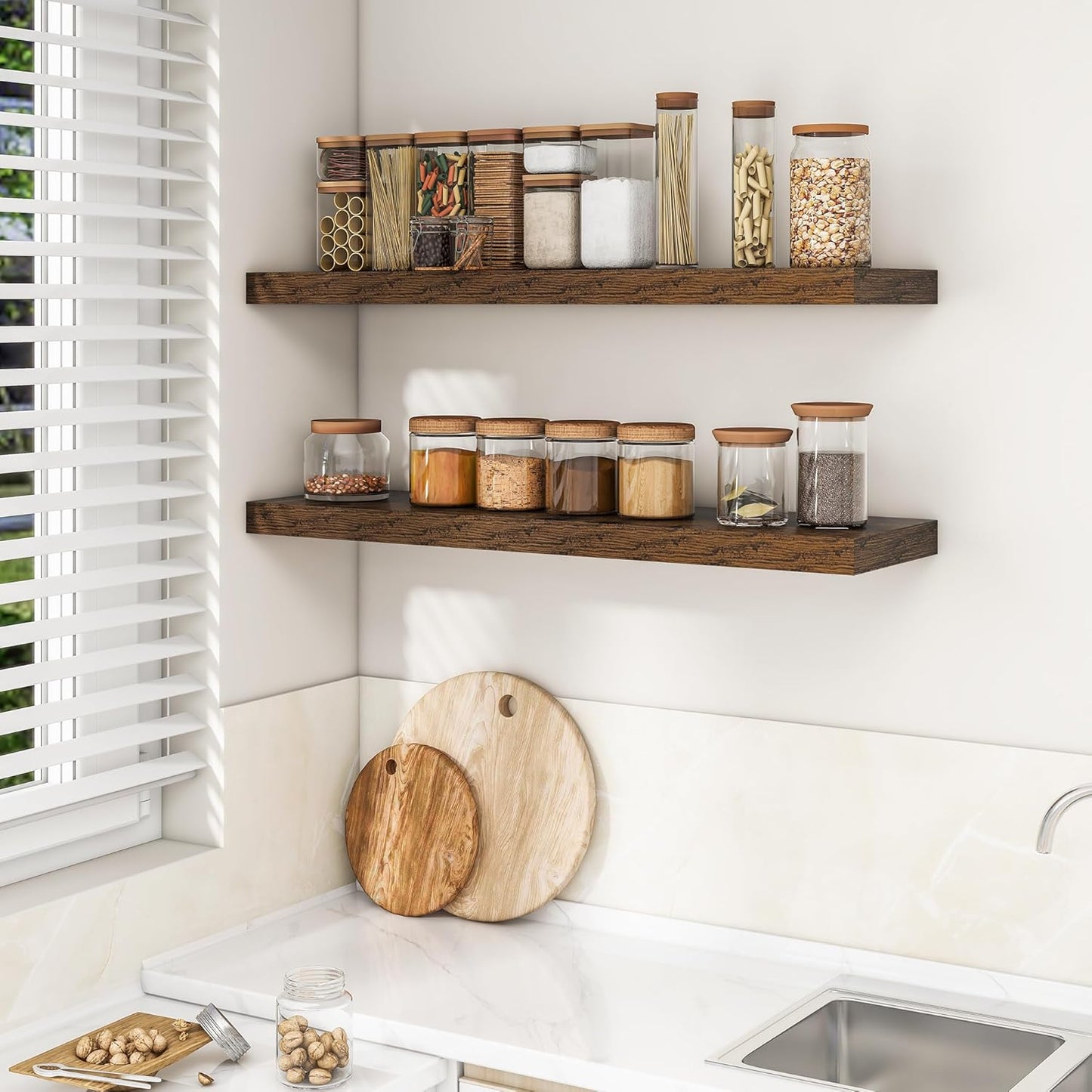 RICHFOCUS 72Inch Floating Shelves for Wall 2 Pack Shelves for Bedroom|Kitchen|Bathroom Wall Mounted Rustic Wood Floating Shelf with Invisible Brackets for Books|Storage|Decor, Rustic Brown