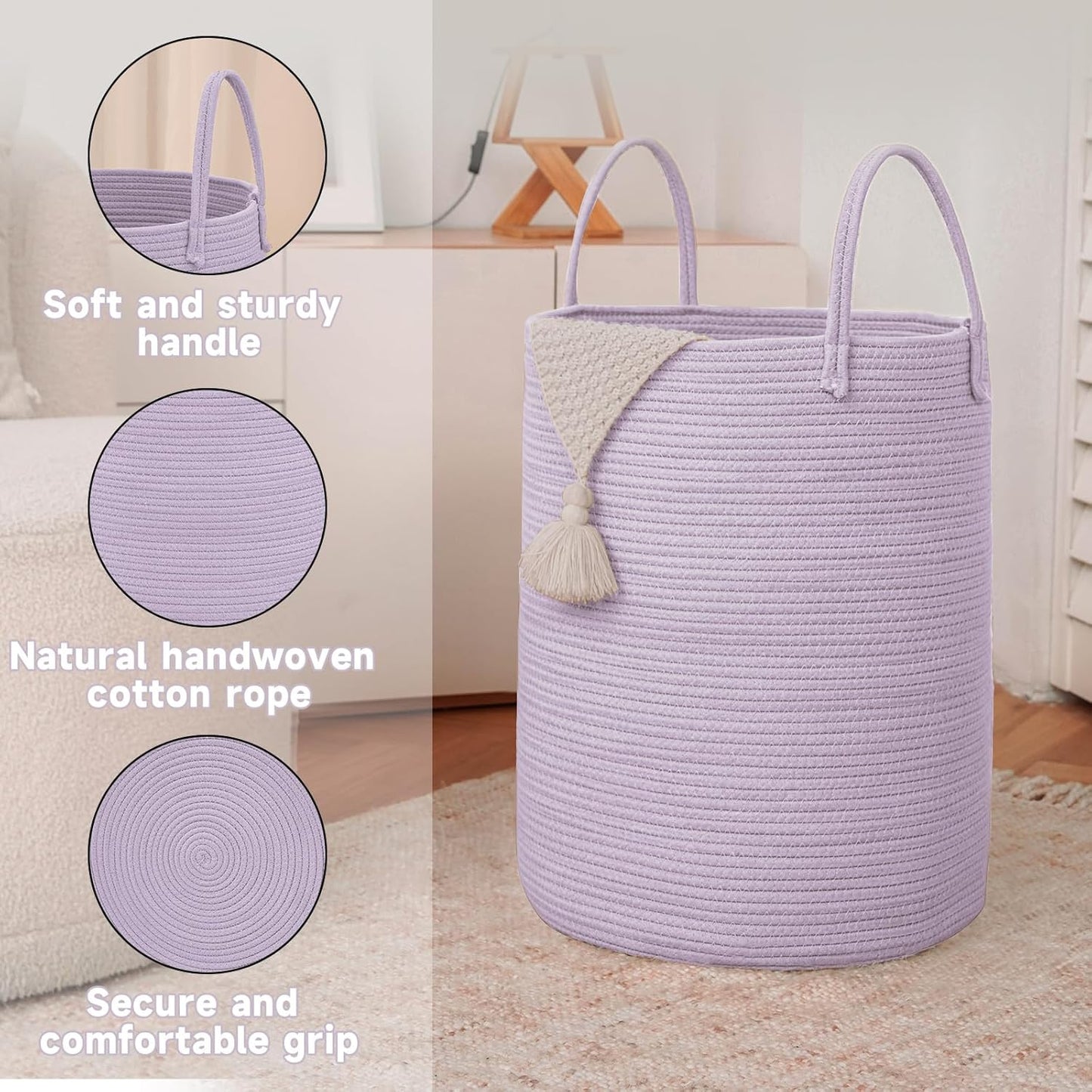 JMvicyroam Large Woven Laundry Basket Hamper,60L Cotton Rope Storage Bin for Blankets,Toys and Clothes,Decorative Tall Nursery Hamper for Living Room,Baby Nursery,Bathroom and Bedroom,Brown