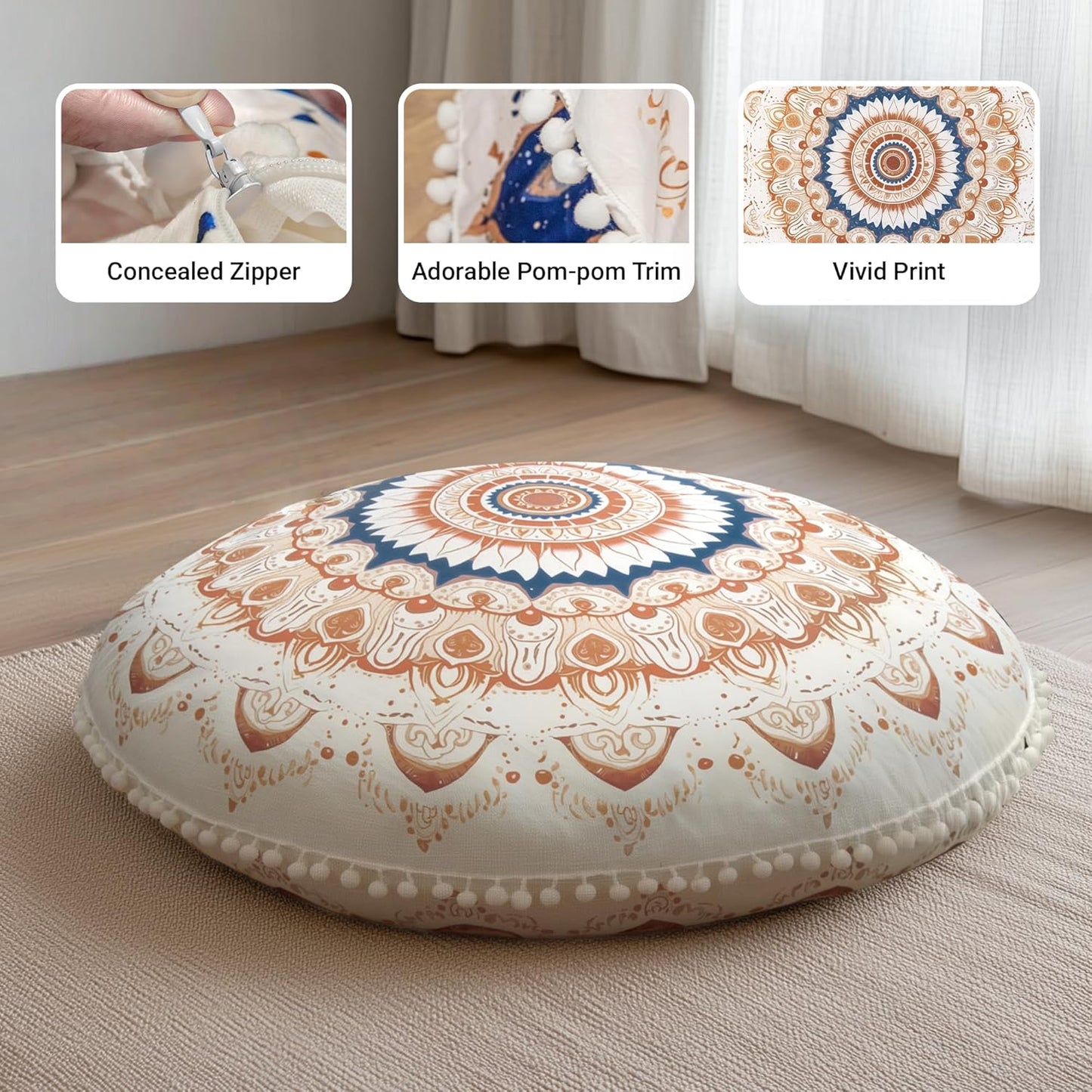 Meditation Cushion Set of 2, 32 Inch Extra Thick Memory Foam Round Floor Pillow with Removable Washable Cover, Bohemian Mandala Yoga Cushion for Adults - Ideal Holiday Decor, Brown