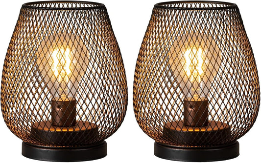 Set of 2 Battery Operated Lamp LED Table Lantern, Brown Metal Cage Cordless Lamps with LED Bulb，Vintage Decorative Outdoor Lantern for Weddings, Parties, Patio, Events for Indoors Shelf Decor