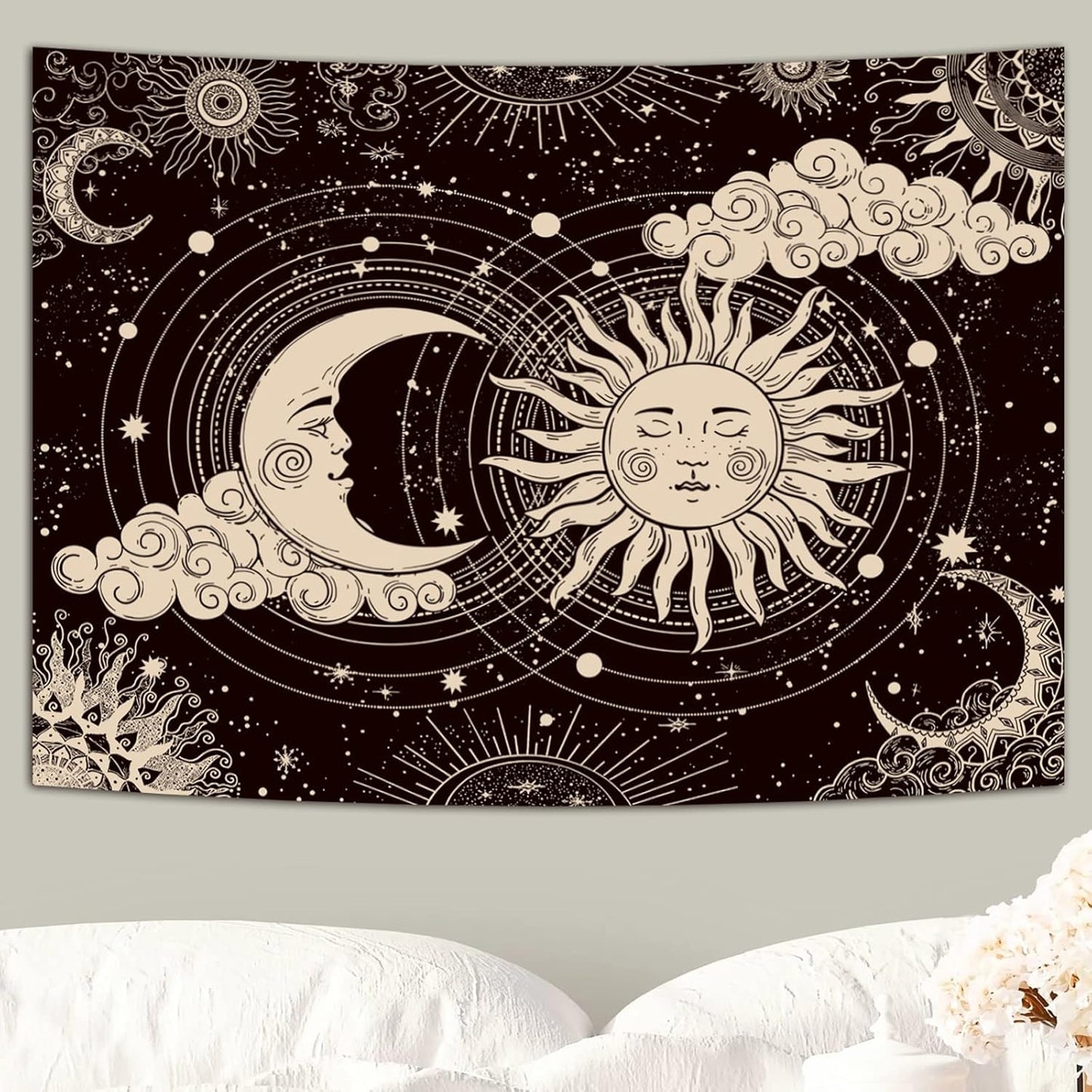 Wonrizon Sun and Moon Tapestry, Aesthetic Black Dark Spiritual Tapestries Mystic Burning Sun with Clouds Star Wall Hanging decor for Bedroom (51.2" x 59.1")