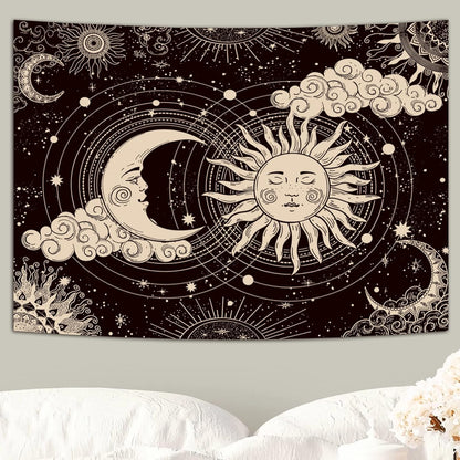 Wonrizon Sun and Moon Tapestry, Aesthetic Black Dark Spiritual Tapestries Mystic Burning Sun with Clouds Star Wall Hanging decor for Bedroom (51.2" x 59.1")