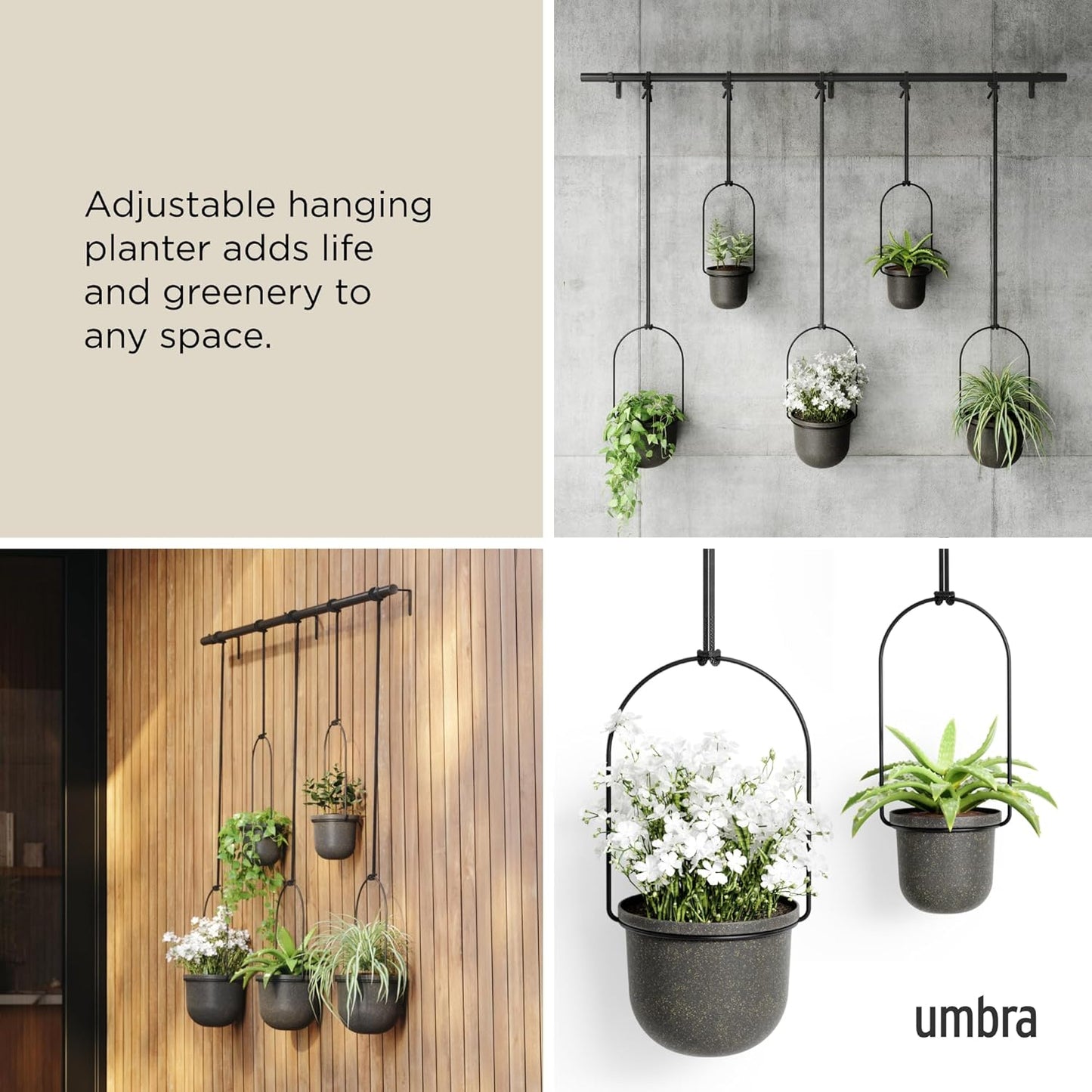 Umbra Triflora Hanging Planter for Window, Indoor Herb Garden, Set of 3, White/Black