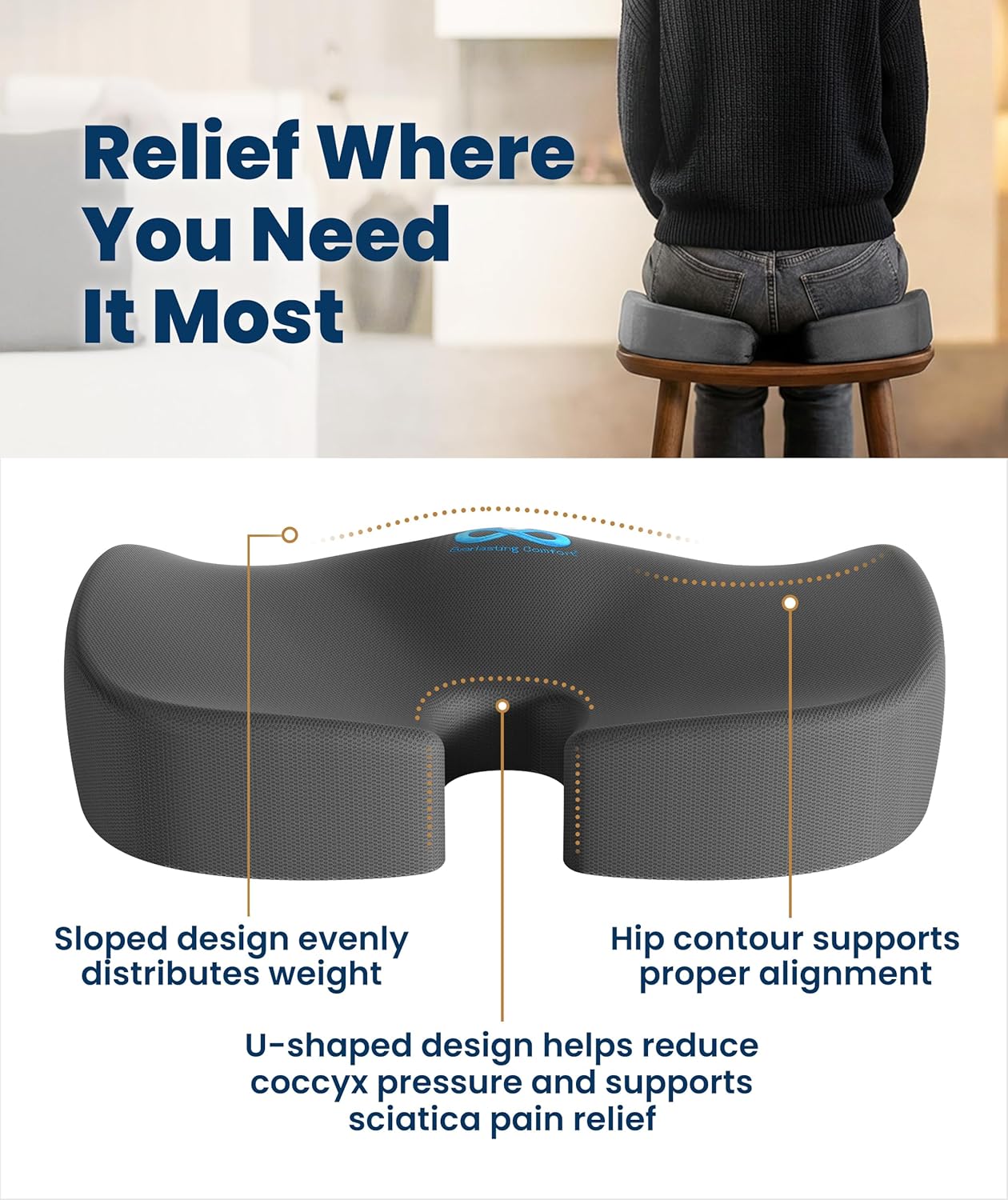 Everlasting Comfort Doctor Recommended Memory Foam Seat Cushion for Office Chairs & Car - Ergonomic Office Desk Accessories - Cushions for Tailbone Pain Relief, Sciatica (Black, Large)