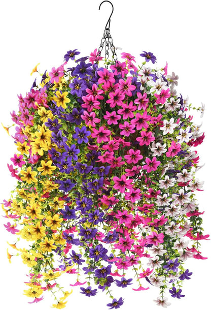 INQCMY Artificial Fake Hanging Plants Flowers Basket for Spring Summer Outdoor Outside Porch Decoration,UV Resistant Faux Silk Violet in Planter for Home Patio Balcony Garden Yard Decor(Red)