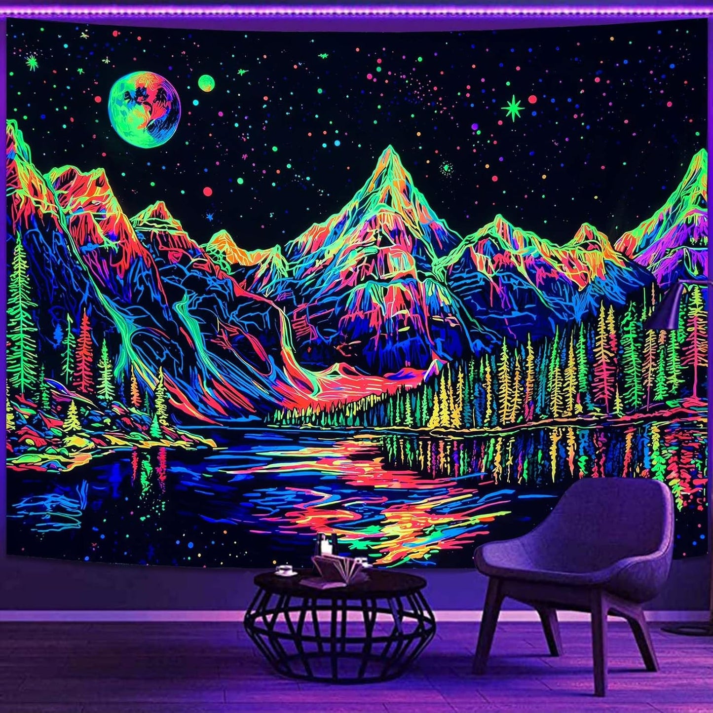 Zussun Black and White Tapestry Starry Night Mountain Tapestries for Bedroom Aesthetic Moon and Stars Tapastry's Wall Hanging Dark Nature Forest Wall Tapestry for Living Room Dorm (48'' × 36'')