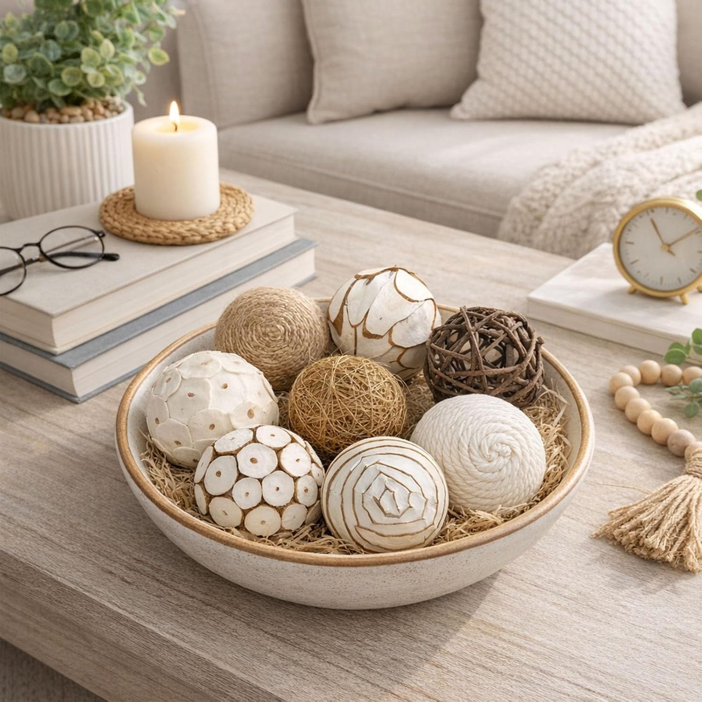 6pcs Decorative Balls for Bowl Centerpiece, 2.4 Inch Orbs Spheres Decor Balls Rattan Wicker Balls for Bowl Fillers, DIY Home Vase Table Decor