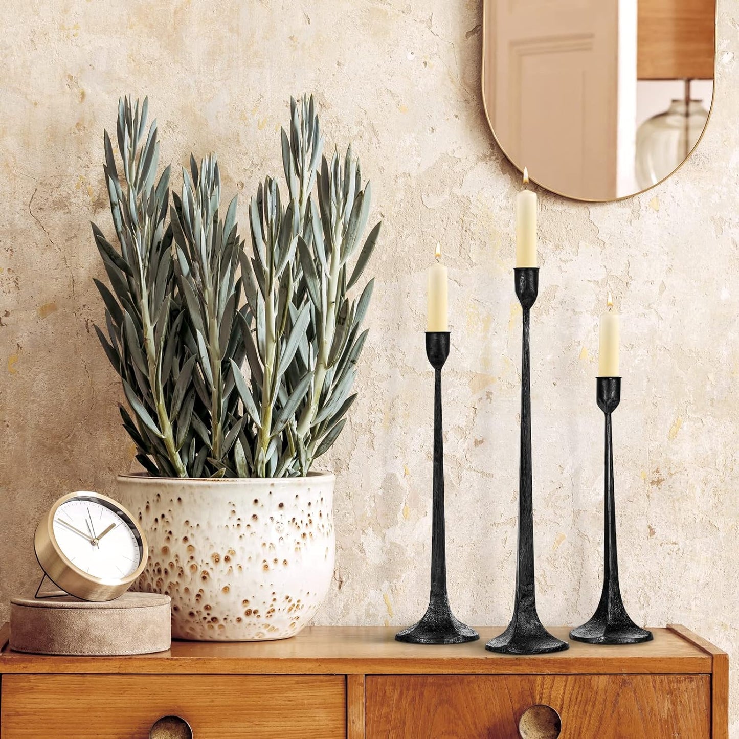 Iron Taper Candle Holder Set of 3 - Decorative Tall Candle Stand, Candlestick Holder for Wedding, Dining Table, Party Decoration (Antique Brass)
