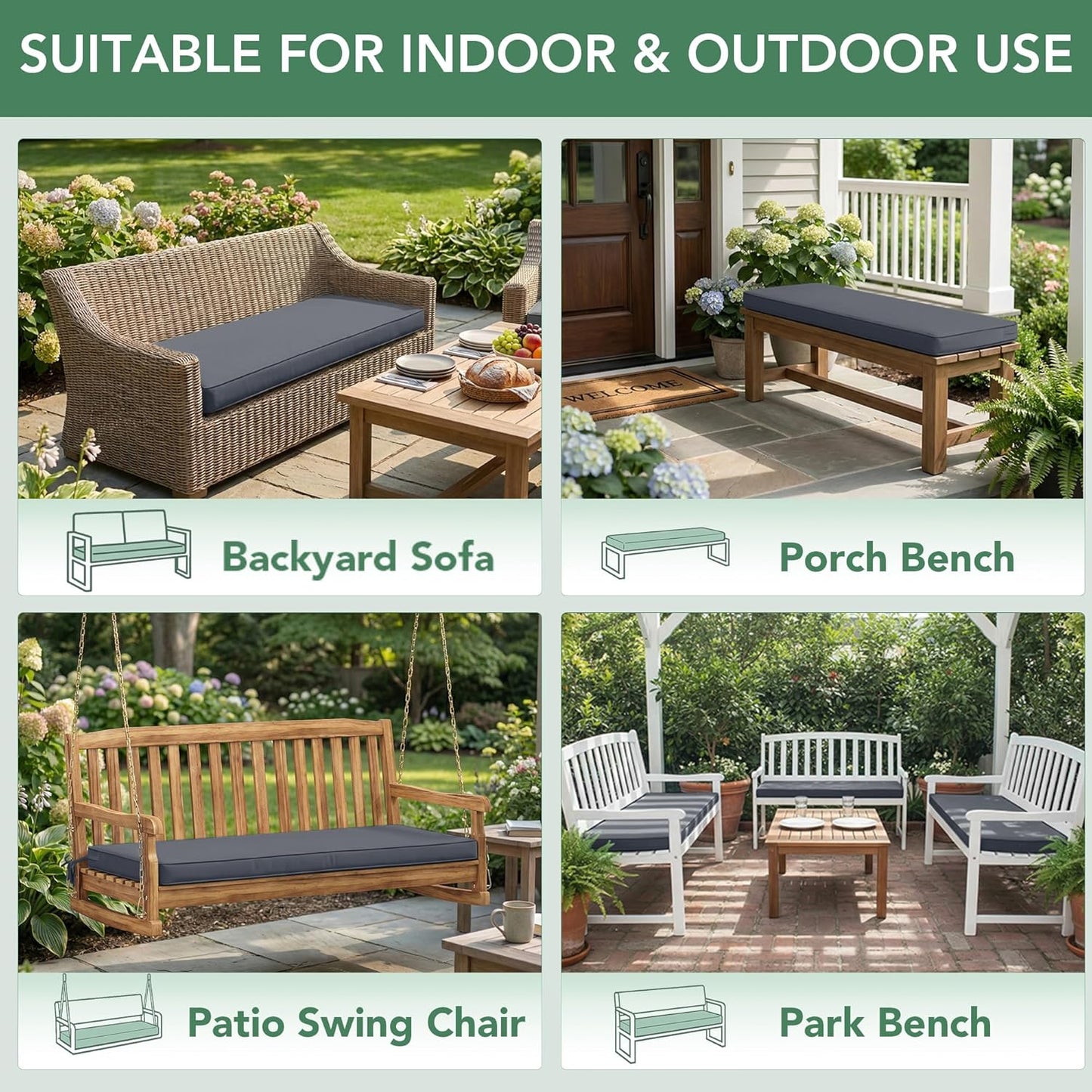 Summsun Outdoor Bench Cushion: Waterproof and Fade Resistant Patio Furniture Cushions - Non-Slip Bench Pad Cushion with Removable Cover for Garden Swing Porch Sofa Settee, 48 x 18 x 3 Inch, Black