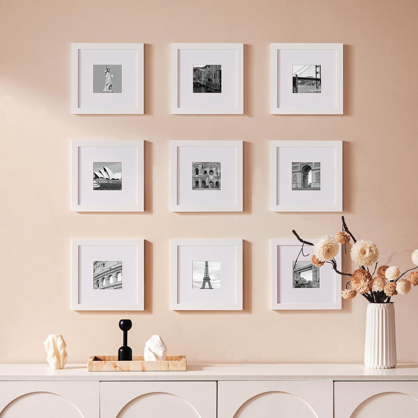 eletecpro 12x12 Picture Frames Set of 9 with Clear Acrylic Cover, Display 8x8 Photos with Mat or 12x12 Without, Classic and Sturdy Square Collage Gallery Wall Decor, Easy Wall Mount, Black