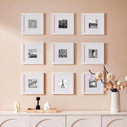 eletecpro 12x12 Picture Frames Set of 9 with Clear Acrylic Cover, Display 8x8 Photos with Mat or 12x12 Without, Classic and Sturdy Square Collage Gallery Wall Decor, Easy Wall Mount, Black