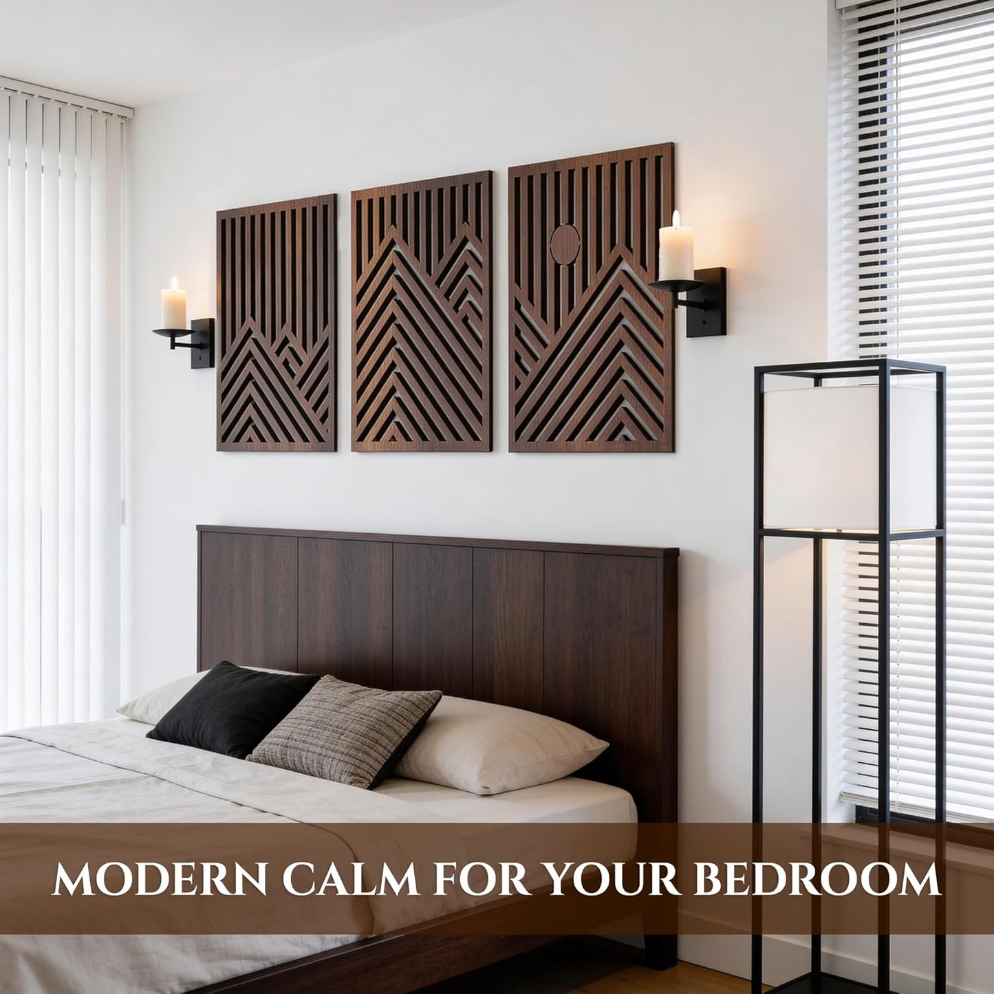 qmmp Modern Wooden Wall Sculptures - Set of 3 - Home Decor Accent - Large Wall Art for Living Room, Bedroom, Office - Easy Installation (Oak, Medium - Mountain and Sun)