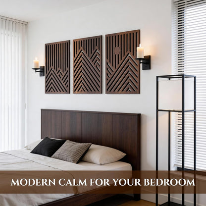 qmmp Modern Wooden Wall Sculptures - Set of 3 - Home Decor Accent - Large Wall Art for Living Room, Bedroom, Office - Easy Installation (Oak, Medium - Mountain and Sun)