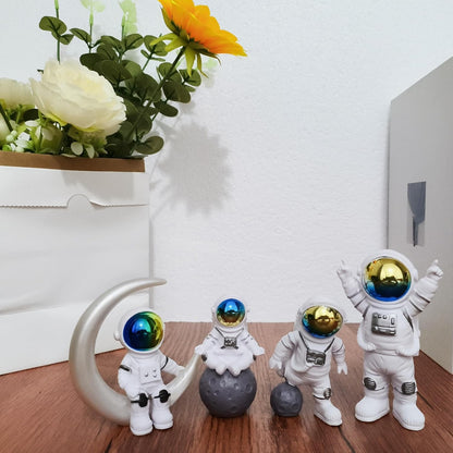Blue White Astronaut Statues Set of 4, Spaceman Sculpture Figurines Outer Space Theme Decor for Nursery Room Cake Topper
