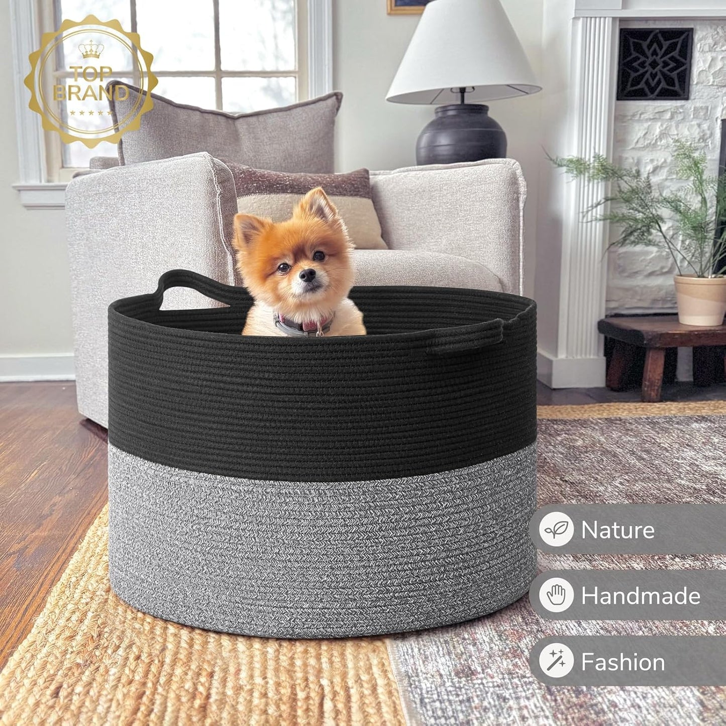 INDRESSME XXXLarge Blanket Basket for Living Room 21.7" x 21.7" x 13.8"-Storage Basket with Handle for Organizing Toy Pillows Woven Cotton Rope Laundry Basket Stuffed Animal Toy Storage for Play Room