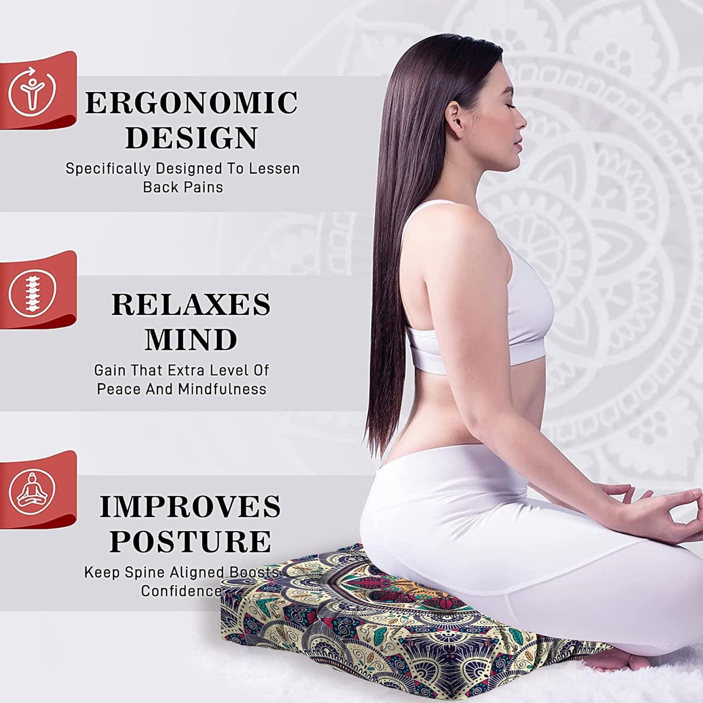 Mandala Meditation Cushion, Boho Meditation Mat, Meditation Pillows for Sitting on Floor, Cushions for Sitting in Home and Outdoor, Square Floor Pillow Cushion Seating for Yoga Accessories 22'' X 22''