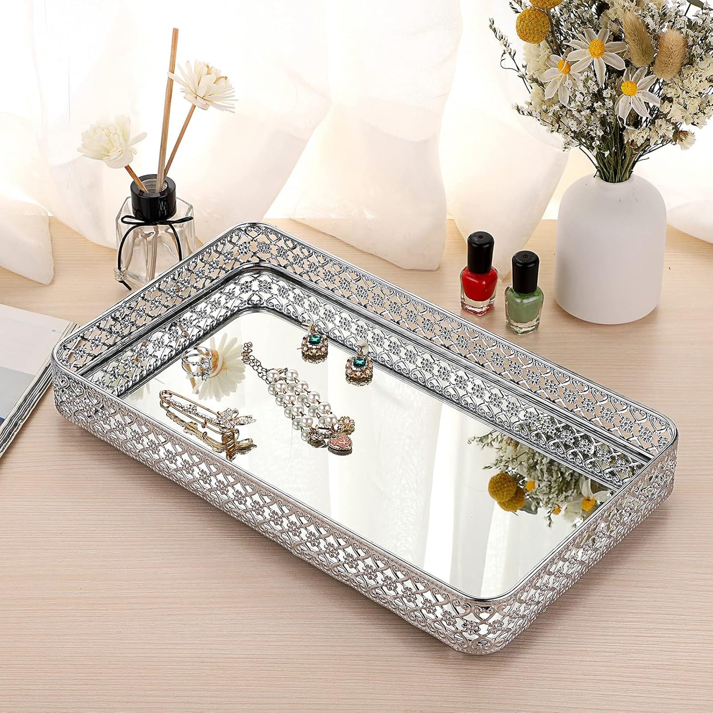 ELLDOO Perfume & Makeup Vanity Tray - Hollow-Carved Jewelry Storage, Glass & Metal Trinket Organizer for Dresser & Bathroom Countertop, Gold, Medium Size