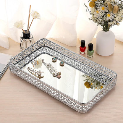 ELLDOO Perfume & Makeup Vanity Tray - Hollow-Carved Jewelry Storage, Glass & Metal Trinket Organizer for Dresser & Bathroom Countertop, Gold, Medium Size