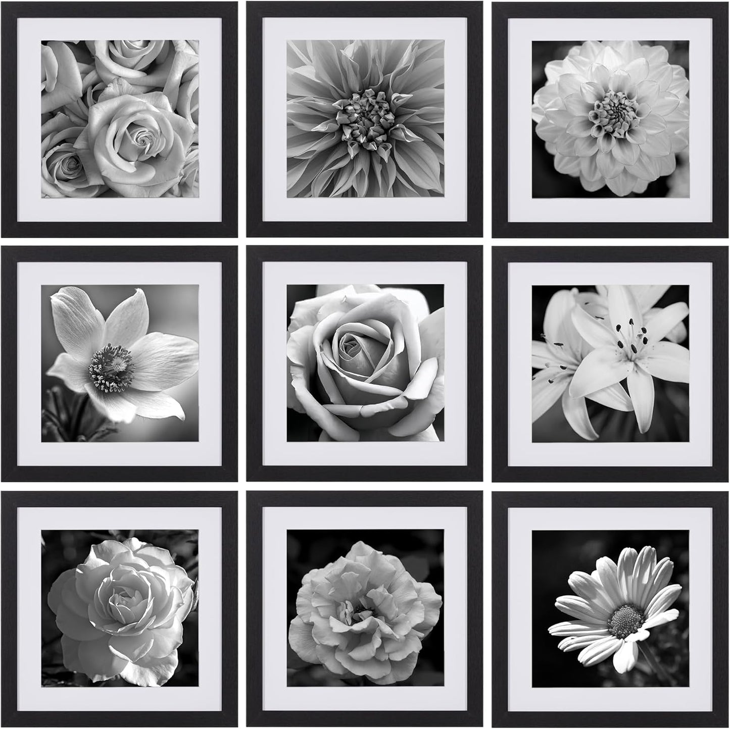 eletecpro 12x12 Picture Frames Set of 9 with Clear Acrylic Cover, Display 8x8 Photos with Mat or 12x12 Without, Classic and Sturdy Square Collage Gallery Wall Decor, Easy Wall Mount, Black