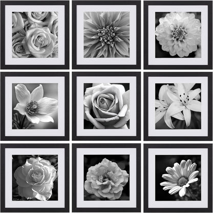 eletecpro 12x12 Picture Frames Set of 9 with Clear Acrylic Cover, Display 8x8 Photos with Mat or 12x12 Without, Classic and Sturdy Square Collage Gallery Wall Decor, Easy Wall Mount, Black