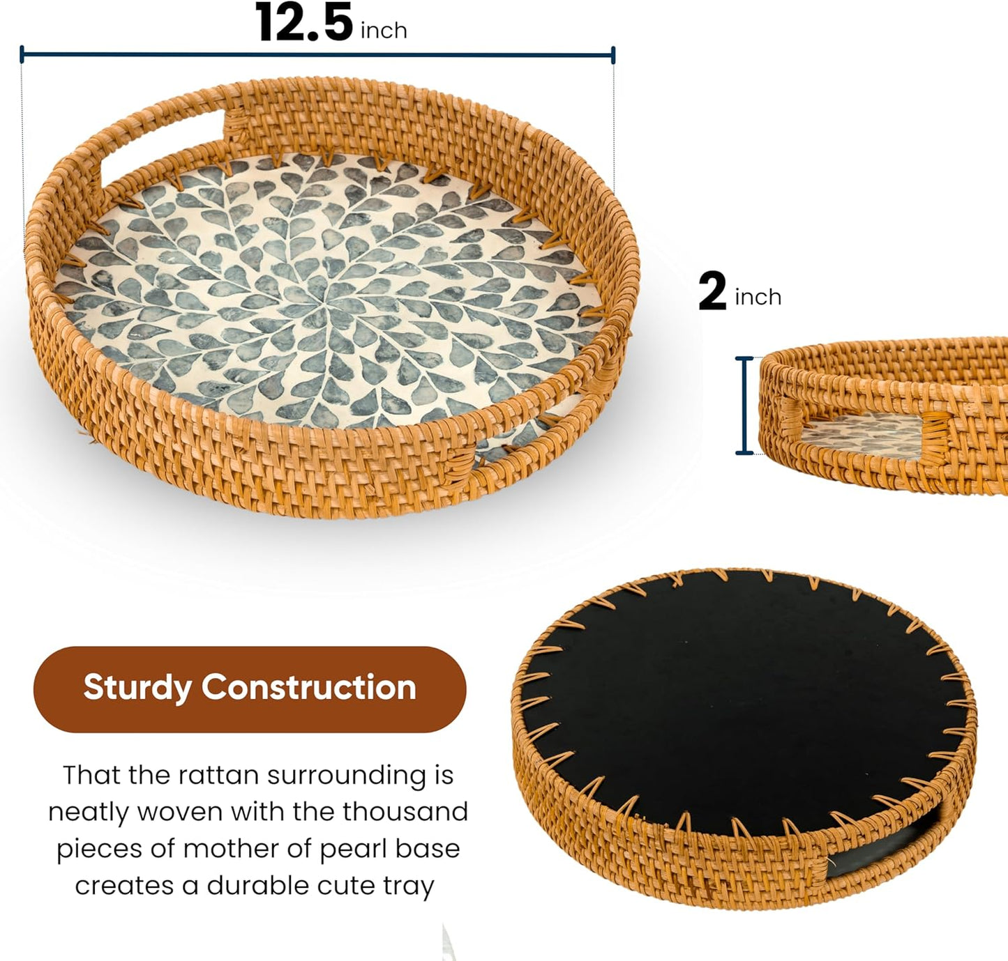 KOLWOVEN Round Rattan Tray with Handle, Rattan Serving Tray with Mother of Pearl Inlay Wooden Base, Decorative Wicker Basket for Table Decor (Blue Leaves)
