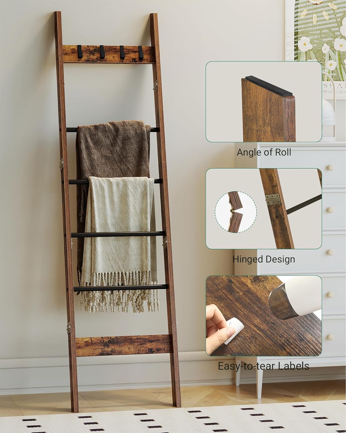 Hzuaneri Blanket Ladder for Living Room, Decorative Quilt Rack with 4 Removable Hooks, 5-Tier Farmhouse Ladder Holder Shelf Organizer for Bedroom, Rustic Brown and Black 02101BBR