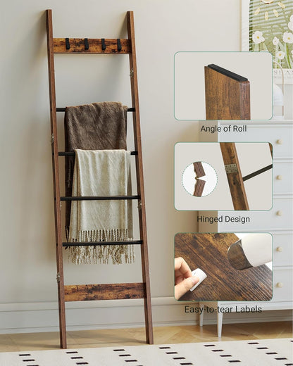 Hzuaneri Blanket Ladder for Living Room, Decorative Quilt Rack with 4 Removable Hooks, 5-Tier Farmhouse Ladder Holder Shelf Organizer for Bedroom, Rustic Brown and Black 02101BBR