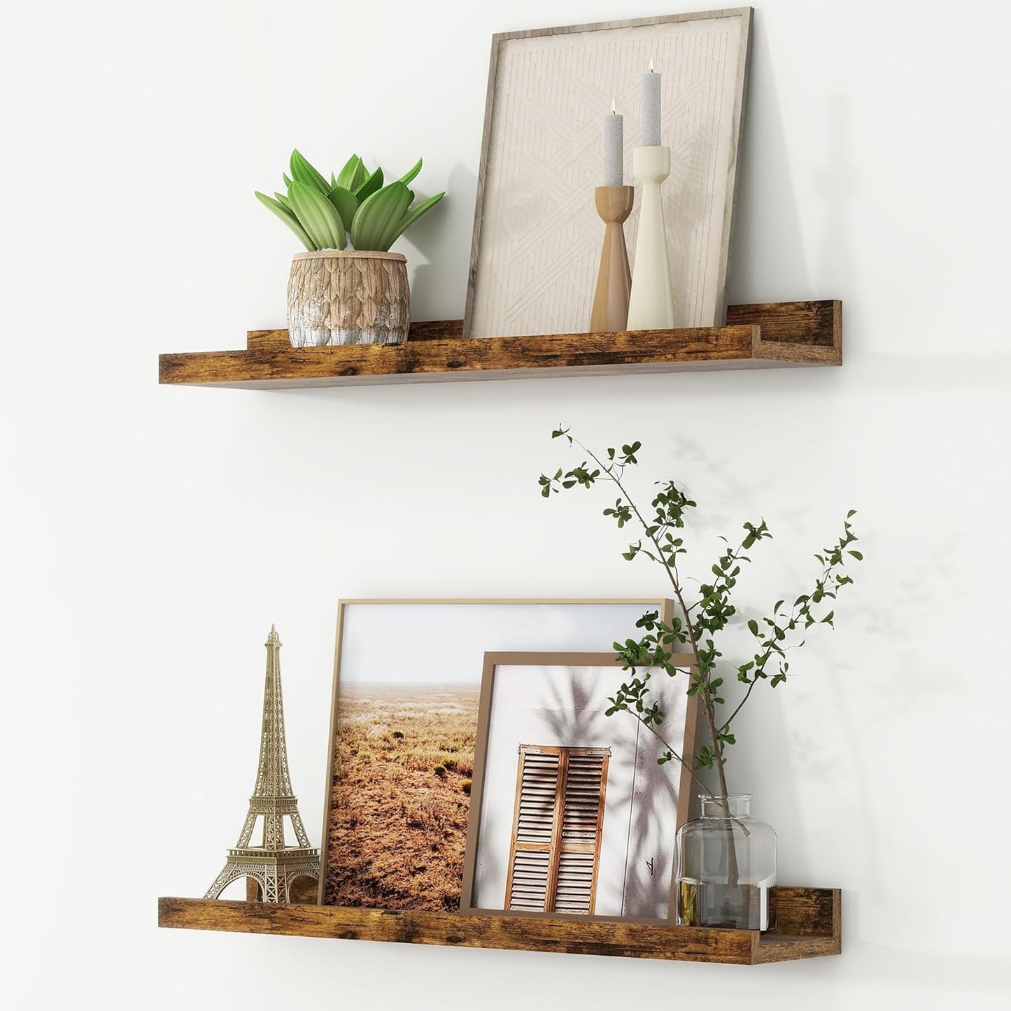 FLYJOE Picture Ledge Shelf, Floating Shelves Set of 2, 48 Inches Long Large Nursery Book Shelves for Toys Storage, Kids Bookshelf Wall Mounted for Living Room Bedroom Decor Books Photo Frames, Walnut