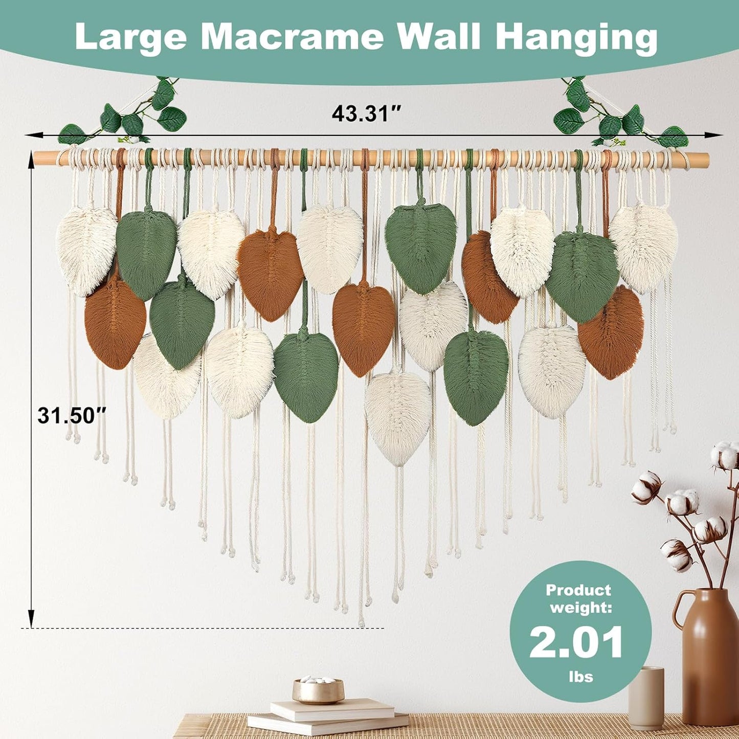 Gliterra Large Macrame Wall Hanging Handmade Boho Tapestry 43"x32" - Wall Art Decor for Living Room, Bedroom, Wedding (beige)