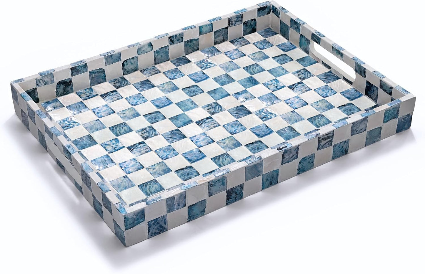 CHI AN HOME 15.8" x 11.8" Decorative Rectangular Tray with Natural Capiz Shells, Checkered Tray with Handles, Serving Tray for Ottoman, Coffee Table, Kitchen Counter Home Decor (Pistachio Green)
