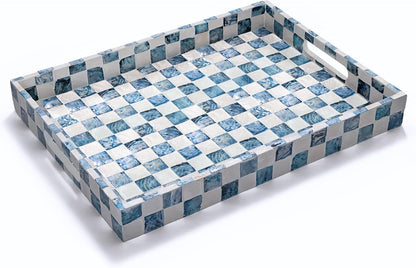 CHI AN HOME 15.8" x 11.8" Decorative Rectangular Tray with Natural Capiz Shells, Checkered Tray with Handles, Serving Tray for Ottoman, Coffee Table, Kitchen Counter Home Decor (Pistachio Green)