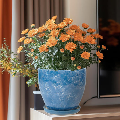 10 Inch Ceramic Planter Pot Round Plant Pot for Indoor Plants Outdoor Large Flower Pot with Drainage Hole and Saucer Blue