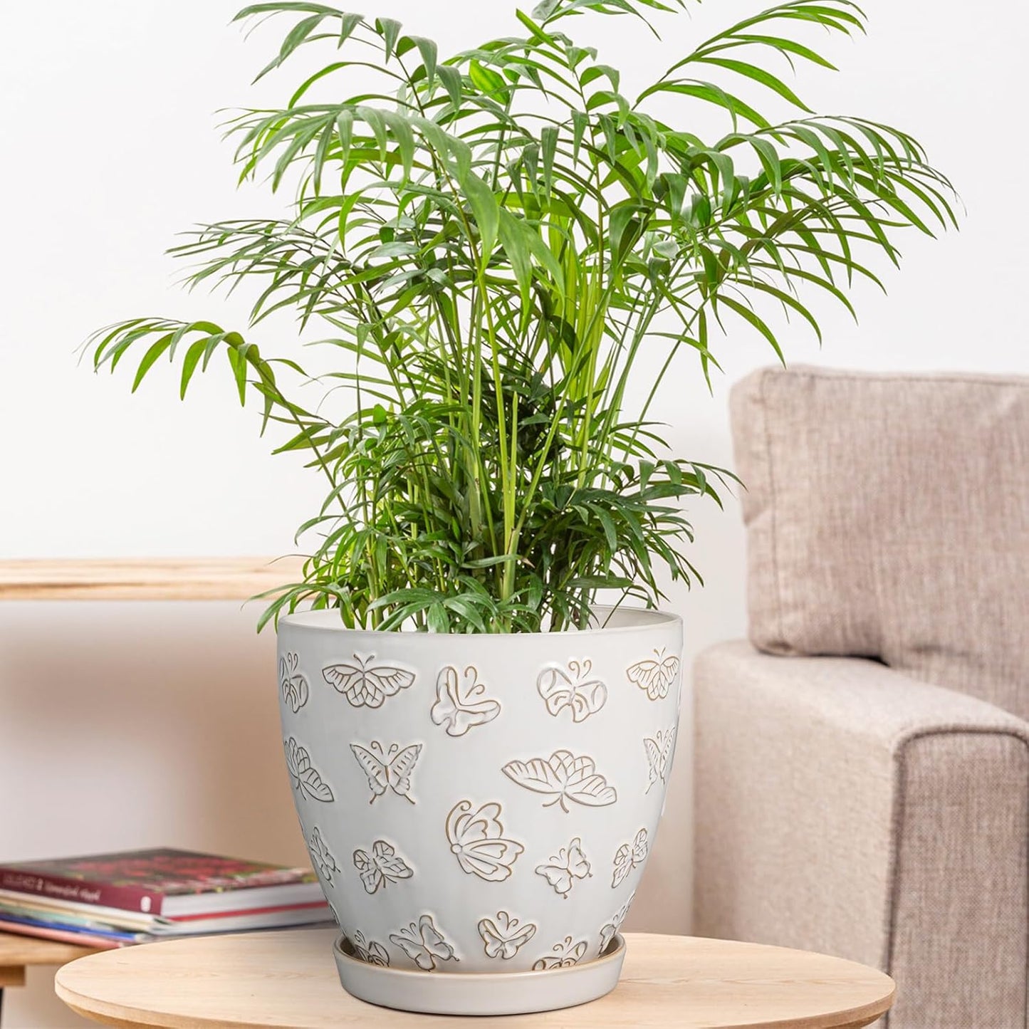 10 Inch Ceramic Planter Pot Round Plant Pot for Indoor Plants Outdoor Large Flower Pot with Drainage Hole and Saucer Blue