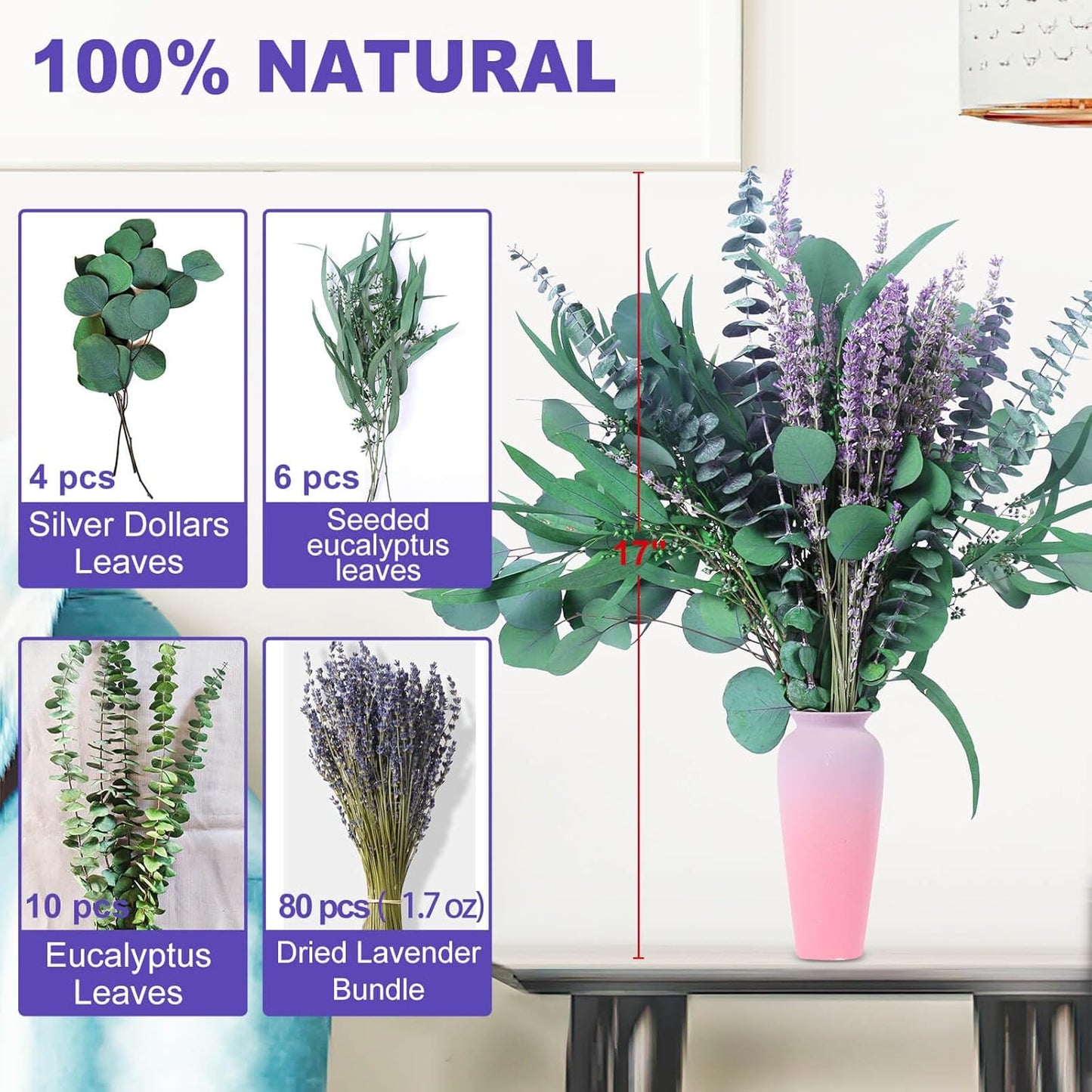 52 PCS Mix Dried Eucalyptus & Lavender Flowers Bundles for Shower, 17'' Natural Real Hanging Silver Dollar Eucalyptus Leaves Stems, Fragrance Fresh Plants Home Bathroom Decor (52pcs)