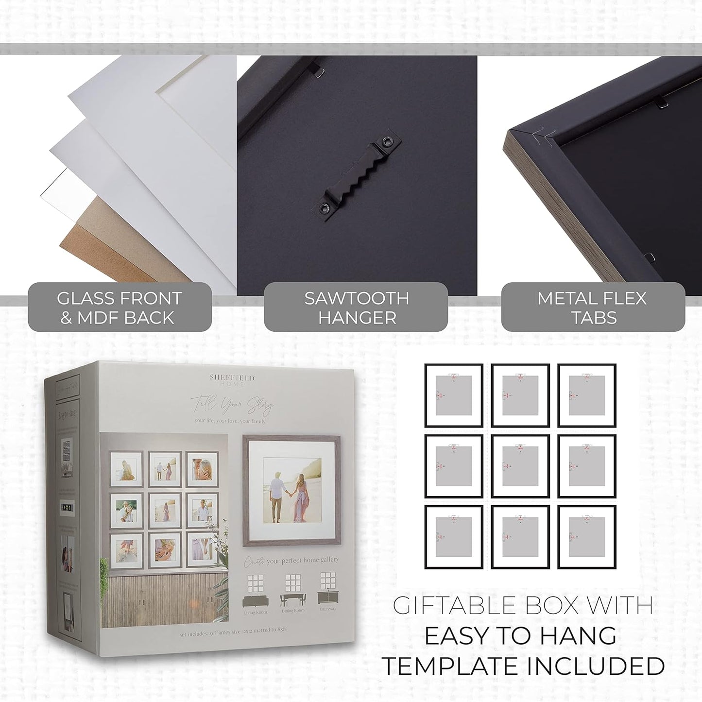 Sheffield Home 9 Piece Gallery Wall Frame Set, 11x14 in. matted to 8x10 in. (Matte Black)