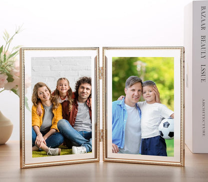 Gold 6x8'' Floating Photo Frame 2 Pack, Beaded Metal Frame Fits 3.5x5'', 4x6'' & 5x7'' Pictures, Adjustable Tabletop & Shelf Display, Elegant Wedding Gift for Home Decor