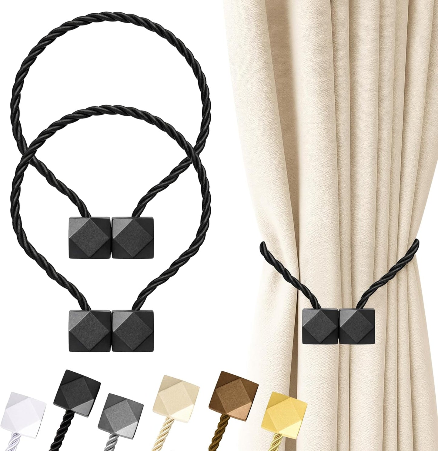 Hion Magnetic Curtain Tiebacks Black 2pcs, Curtain Tiebacks Buckles Holdbacks Holders Hooks Clip for Home Outdoor Bedroom Office Decorative Curtain