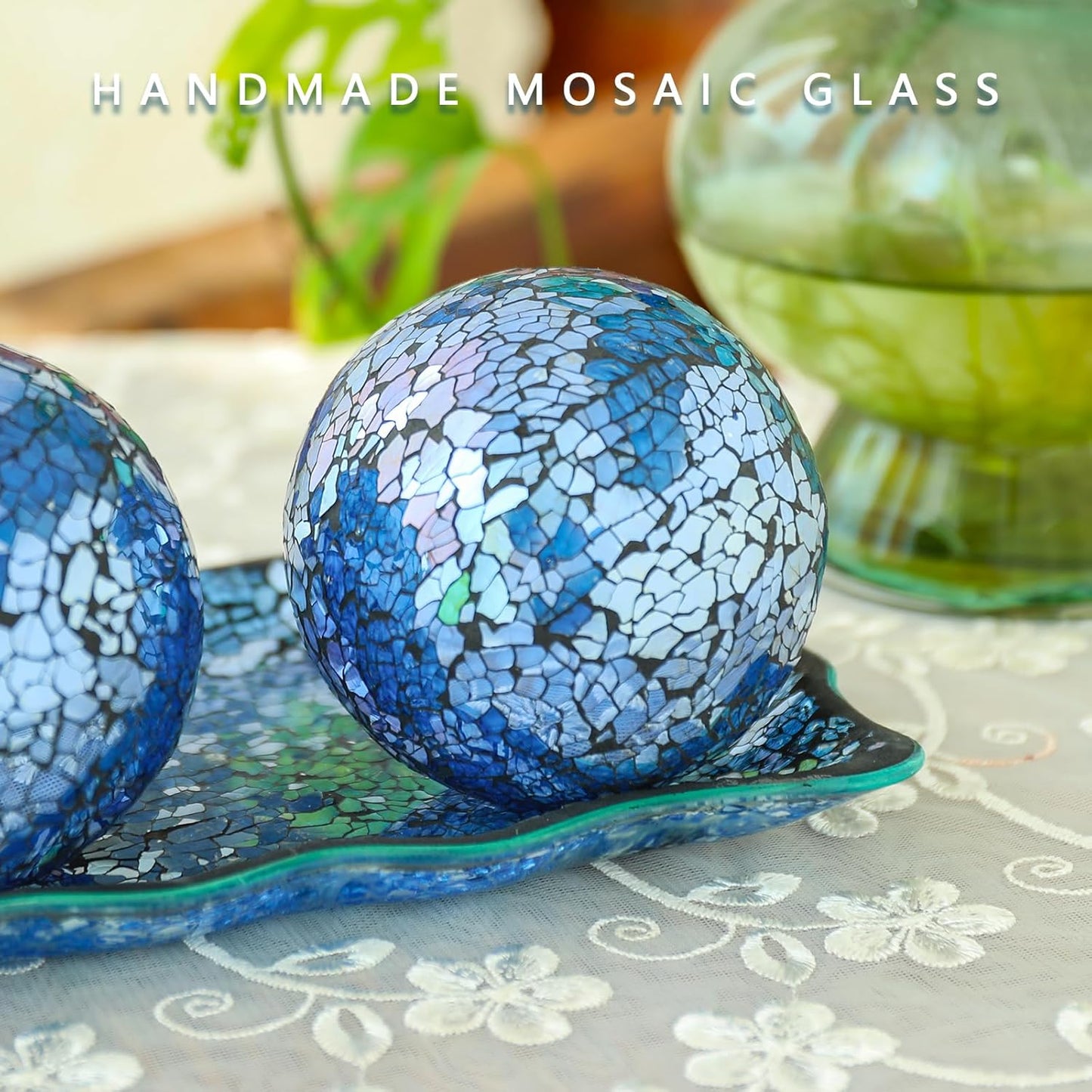 VCUTEKA Decorative Balls and Glass Bowl, 4 Inch Mosaic Sphere Balls Centerpiece Balls for Coffee Table, Home Decor, Wedding Party Decor, Green