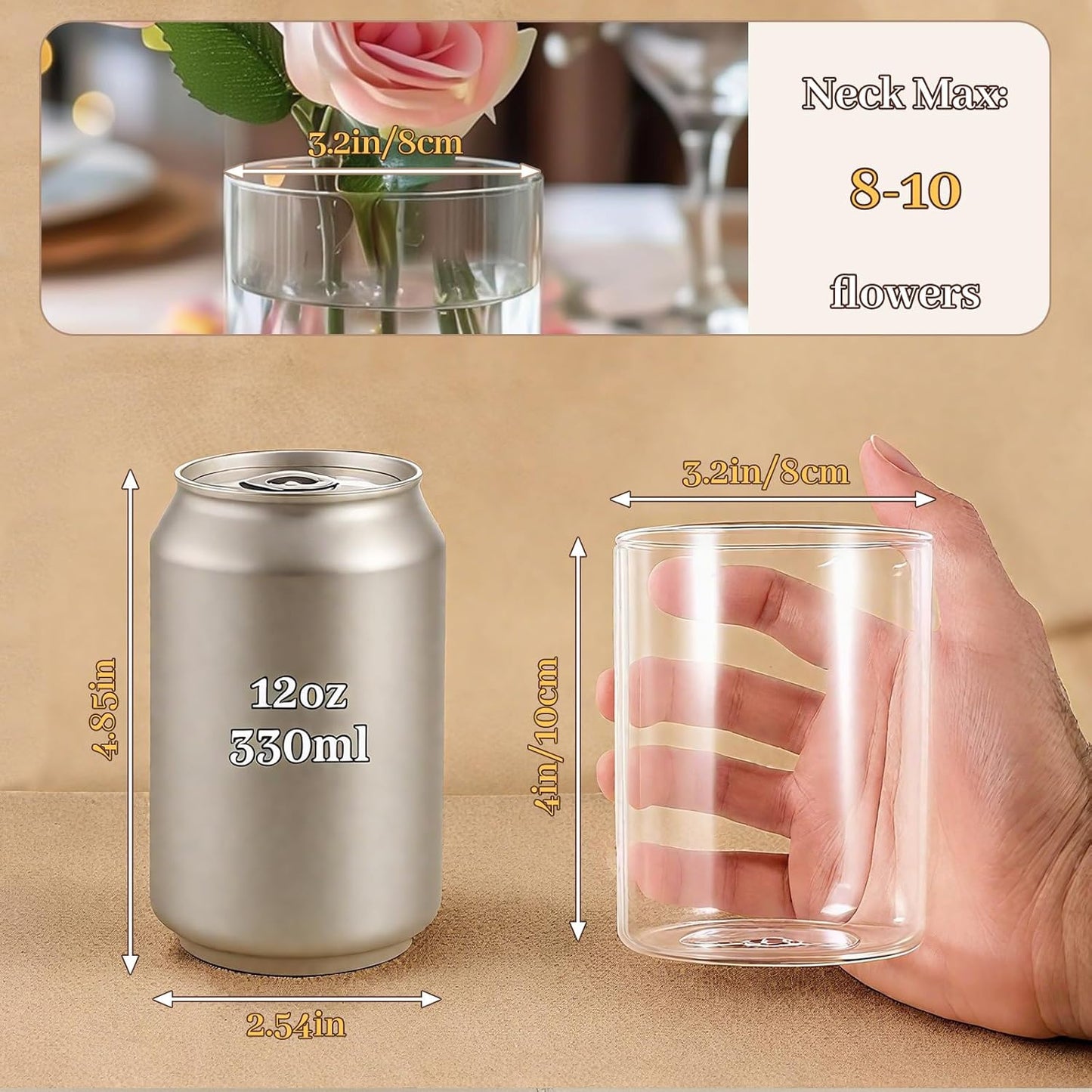 TBWIND 12pcs Glass Cylinder Vases for Centerpieces, 6 Inch Clear Flower Vases for Wedding Decorations and Indoor Home Decor, Hurricane Candle Holder for Table Shelf, Party