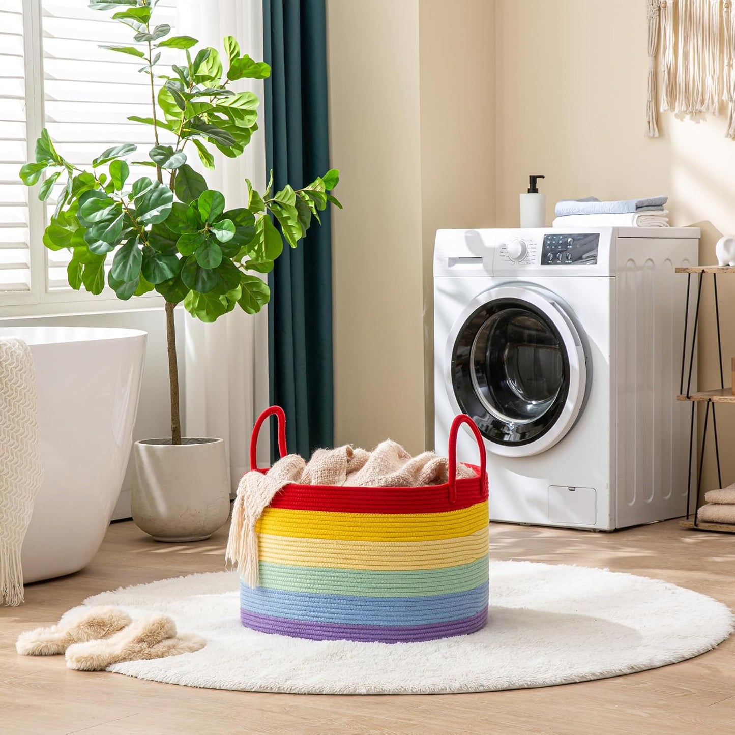 KAKAMAY Large Blanket Basket (20"x13"),Woven Baskets for storage Baby Laundry Hamper, Cotton Rope Blanket Basket for Living Room, Laundry, Nursery, Pillows, Baby Toy chest (White/Brown)