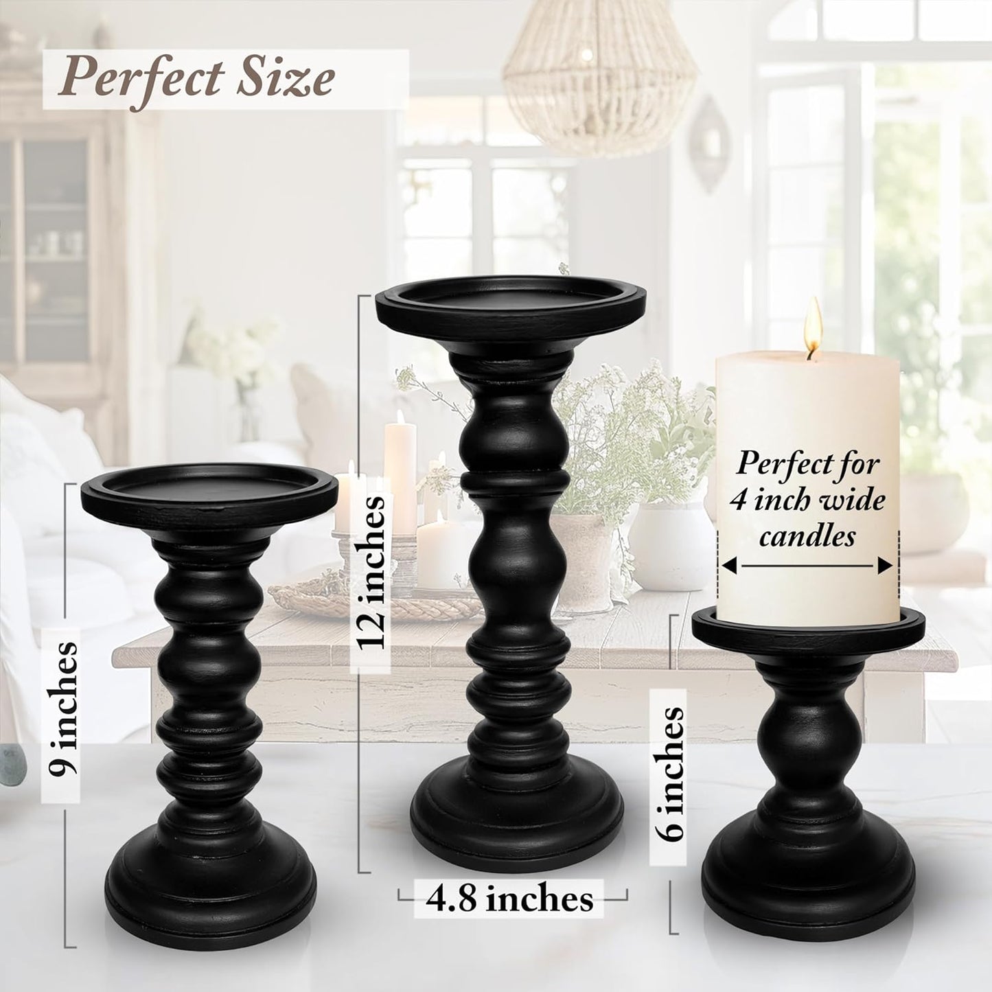 Large Candle Holders for Pillar Candles (3 Piece Set) Tall Rustic Wood Farmhouse Pillar Candlestick Stands - Fits 4 inch inch Wide Pillar Candles - Modern Candle Holder Decor (Antique White)